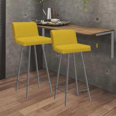 Kit Mesa Suspensa de Parede Fixa mdf Carvalho + 2 Banquetas Lexi Ferro Prata Corino Amarelo - Ahazzo Móveis