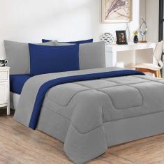 Kit Edredom Malha 100% Algodão Gran Moratta 3 Peças Casal - Cinza-azul Royal
