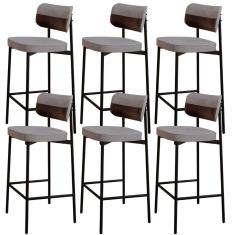 Kit 06 Banquetas Alta Bar Cozinha Sala De Jantar Aço Preto Kaira C01 Linho Cinza Courino Café - Lyam Decor