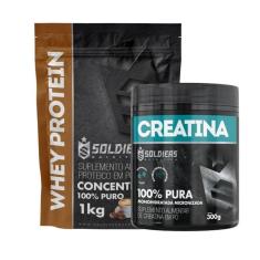 Kit: Whey Protein Concentrado 1Kg + Creatina Monohidratada Pote 300g - 100% Pura Importada - Soldier-Unissex