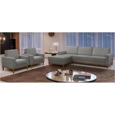Kit Sofá 3 Lugares 2,60m com Chaise Esquerdo e 2 Poltronas Living Lavinia Linho Cinza Adonai Estofados