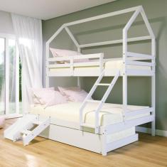 Treliche Casinha Casal/Solteiro Slim RB e Mini Escada/Escorregador Madeira Maciça Branco Housin