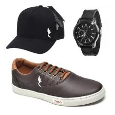 Kit Tênis Polo Blu Casual + Relógio + Boné Masculino-Masculino