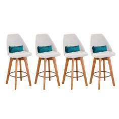 Kit 04 Banquetas Alta Maya Giratória Com Encosto Linho Bege Claro e Almofada Corino Azul Turquesa - Aurora Line