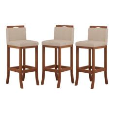 Kit 3 Banquetas Média para Cozinha Turim Madeira Castanho Suede CCS - 