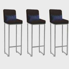 Kit 03 Banqueta Alta com Encosto Lucca Industrial Cozinha Balcão Ferro Cinza Sintético Marrom e Almofada Azul Marinho - Ahazzo Móveis