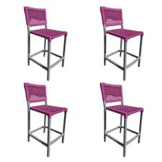 Kit 4 Banquetas França Em Corda Náutica E Base Em Alumínio Cinza Para área Gourmet Rosa - Cor: Rosa
