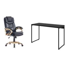 conjunto de mesa studio 120 cm com cadeira de escritório presidente giratória com relax clark preta e dourada