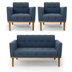 Namoradeira Com 2 Poltronas Base De Madeira Castanho Elisa Suede D03 - D\`rossi Cor Azul Marinho