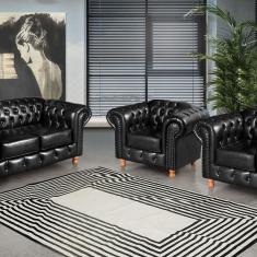 Conjunto de Sofá Luís Xv 2 Lugares + 2 Poltronas Chesterfield Capitonê Preto