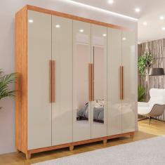 Guarda-roupa Casal 6 Portas 4 Gavetas com Espelho com Pés Atlanta Cinamomo/ Off-White