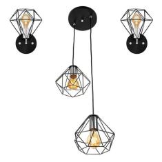 Kit 1 Pendente Duplo + 2 Arandelas Diamante Aramado Preto - MARRYLUZ