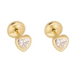 Brinco De Ouro 18k Infantil Coração Zircônia Branca Vermelho Rosa - Ae