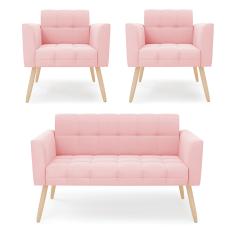 Kit 1 Sofá Namoradeira e 2 Poltronas Elisa Suede Rosa Bebê Pés Palito Natural - D'Rossi