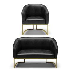 Sofá Namoradeira e Poltrona Industrial Dourado Stella Sint PU Preto D03 - D'Rossi