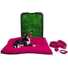 Kit Colchonete Pet Pequeno Sanitário Grama Comedouro Coleira Bolinha -