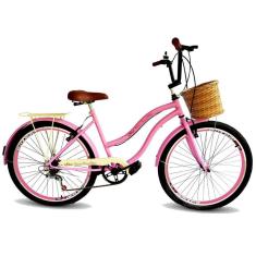 Bicicleta aro 26 feminina retrô cesta tipo vime 6v rosa