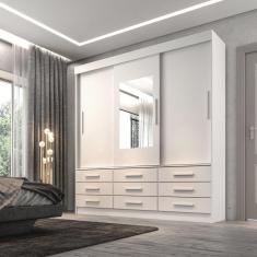 Guarda Roupa Casal 3 Portas 9 Gavetas com Espelho Luana Sallêto Móveis Branco