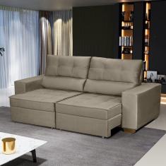 Sofá Baú Retrátil e Reclinável 5 Lugares 250cm Veludo Nobre La Plata Yescasa Bege