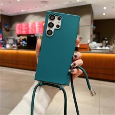 Capa de telefone com cordão crossbody para Samsung Galaxy S24 S23 S22 S21 Plus S20 FE Note 20 Ultra Candy Color Silicone Capa de TPU macia, verde escuro, para Samsung S21 Plus