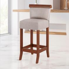 Banqueta Média Estofada Encosto Diamantina 36x90Cm Bancada Madeira Maciça Linho Bege M58 - RMI