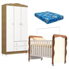 Berço Americano New Nanda e Guarda Roupa Infantil Mel Flat 3 Portas Branco Acetinado Amadeirado com Colchão Ortobom - Carolina