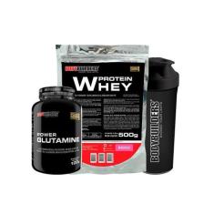 Kit Whey Protein Morango 500G Glutamina 100G Coqueteleira - Bodybuilde