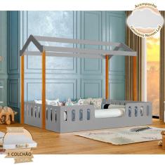 Cama com Colchão D28 Montessoriana Casal Infantil Ágatha Cinza e Amênd