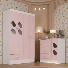 Quarto de BebÃª com Guarda Roupa 4 Portas 3 Gavetas e CÃ´moda 4 Gavetas 1 Porta com Janela Maya Rodial