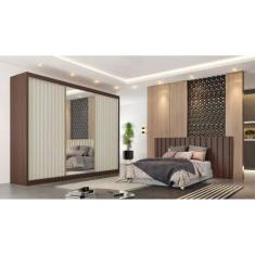 Guarda Roupa Casal com 3 Portas de Correr e Espelho Central - Athenas-Ipê - Móveis Europa