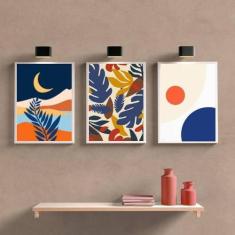 Kit 3 Quadros Folhagem E Lua Multicoloridos 45X34Cm - Quadros On-Line