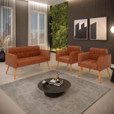 Kit 1 Sofá Namoradeira e 2 Poltronas Elisa Corano Pés Palito Castanho 