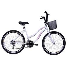Bicicleta Feminina 26 Beach Branca de 18 Velocidades com Aros duplos, Pneus Slik e Cesta - Dalannio Bike