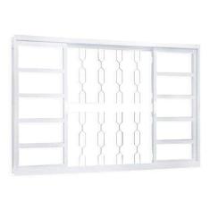 Janela de Aço de Correr 100x200cm 4 Folhas com Grade Elo e Vidro Liso Minas Sul Mgm Branco