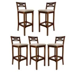 Kit 5 Banquetas Média Estofada para Bancada Madri Madeira Castanho Suede Bege CCS