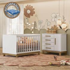 Quarto de Bebê Qencanto Slim com Cômoda 4355 e Berço 4315 Qmovi Branco Acetinado + Colchão Ortobom