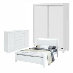 Quarto com Guarda-roupa Casal 2 Portas 2 Gavetas, Cômoda 2 Portas 7 Gavetas e Cama Reali Branco