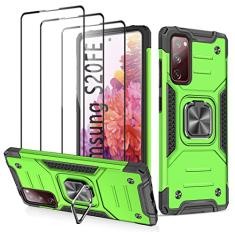 Capa para Galaxy S20 FE 4G 5G com [3 peças], protetor de tela de vidro temperado, suporte magnético de nível militar, suporte de anel magnético de camada dupla, híbrida, à prova de choque, capa