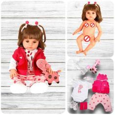 Boneca Reborn Roupa Rosa Menina Silicone + Enxoval Completa - Cegonha 