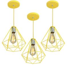 Kit 3 Pendentes Diamante Aramado Grande Amarelo - MARRYLUZ