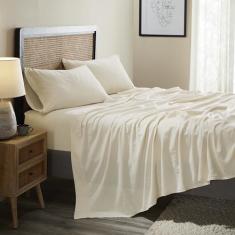 Superior Jogo de cama de mistura de linho e algodão para decoração de casa, roupa de cama lisa moderna inclui 1 lençol com elástico grande, 1 lençol de cima, 2 fronhas, itens essenciais para quarto,