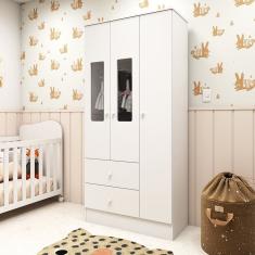 Guarda Roupa Infantil 3 Portas Com Janela 2 Gavetas Ben Móveis Peroba Branco Brilho