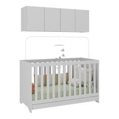 Berço 3 Em 1 Com Colchão E Armário Aéreo 4 Portas Multimóveis Mp4158 Branco Branco