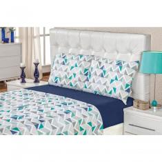 Jogo De Cama Malha Casal Quality 04 Peças Geométrico Azul