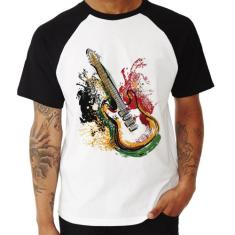 Camiseta Raglan Guitarra Reggae - Foca na Moda, Branco, Preto, G