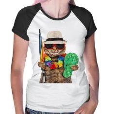Baby Look Raglan Gato nas Férias - Foca na Moda, Branco, Preto, GGG