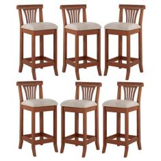 Kit 6 Banquetas Média em Madeira Valentina Estofada Linho Bege M58 RMI