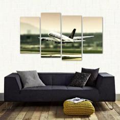 Quadro Paisagem Avião Decolando Mosaico Em Tecido 4 Peças 1