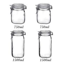 4 Potes Fido Rocco Bormioli de vidro com tampa hermética - 2 750ml + 2 1500ml (1,5 Litro) para armazenamento de alimento