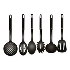 Conjunto Kit Utensílios Cozinha Nylon Colher Concha Escumadeira Espátula Pegadores Preto 6 Peças